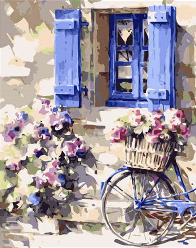 Fleurs et Fenêtre Bleue Peinture par Numéros
