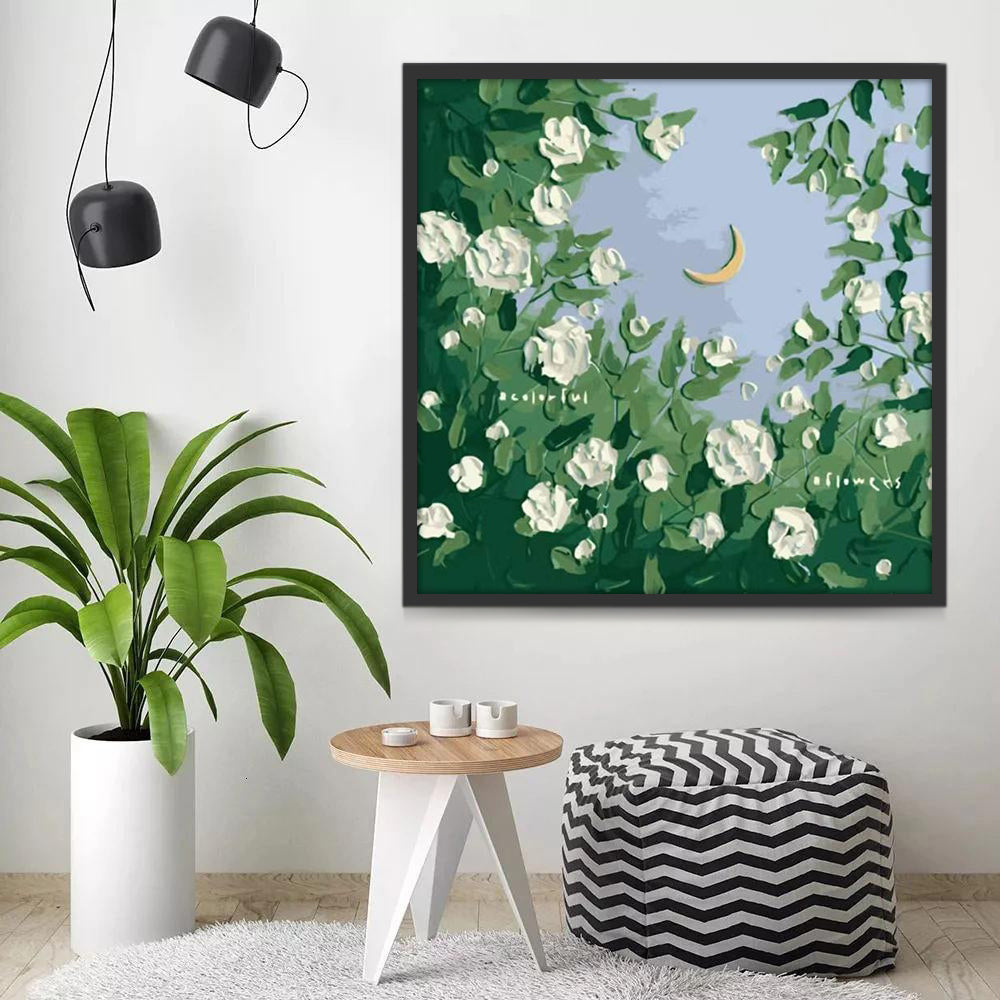 Fleurs et Lune de Crayon Peinture par Numéros