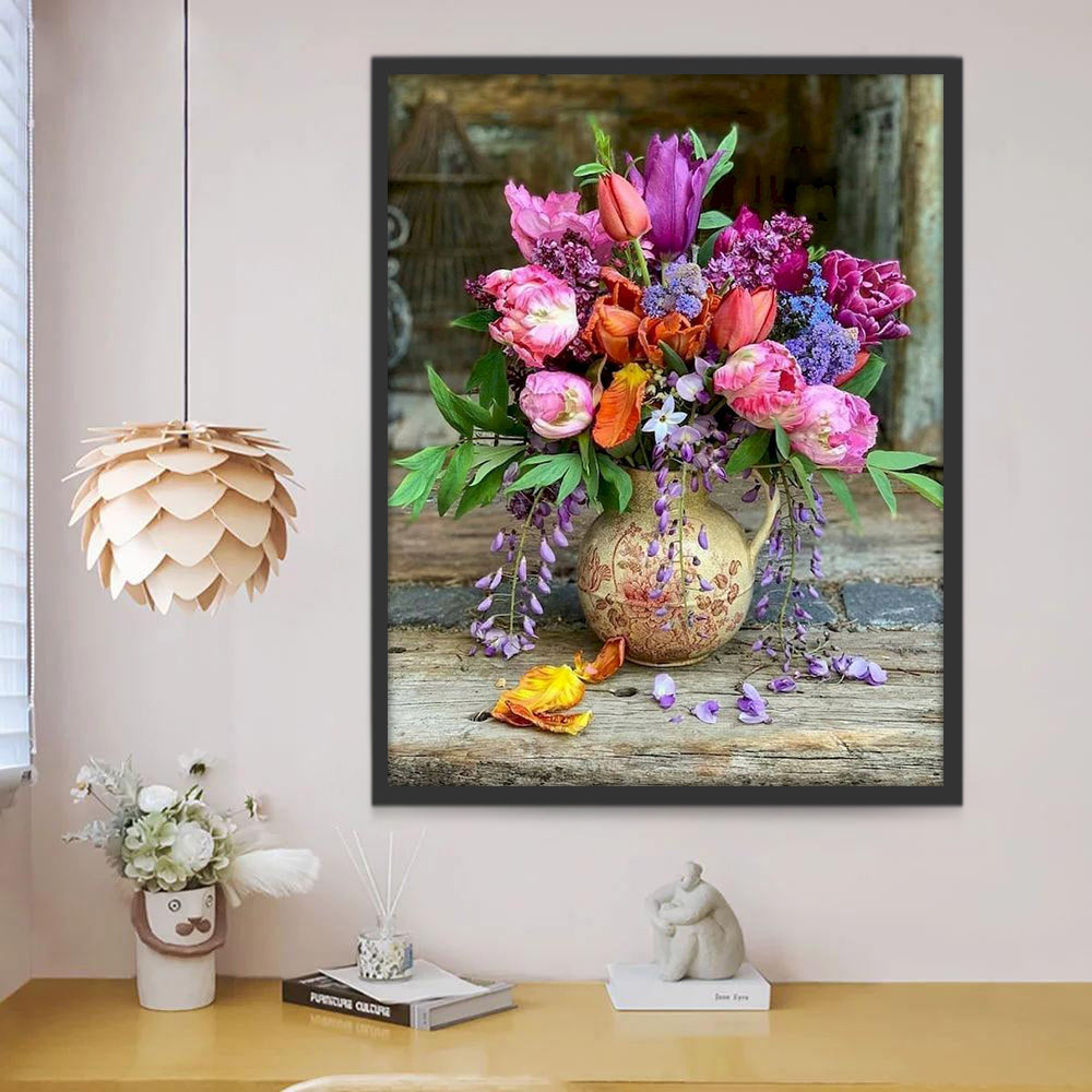 Fleurs et Pot Brun Peinture par Numéros