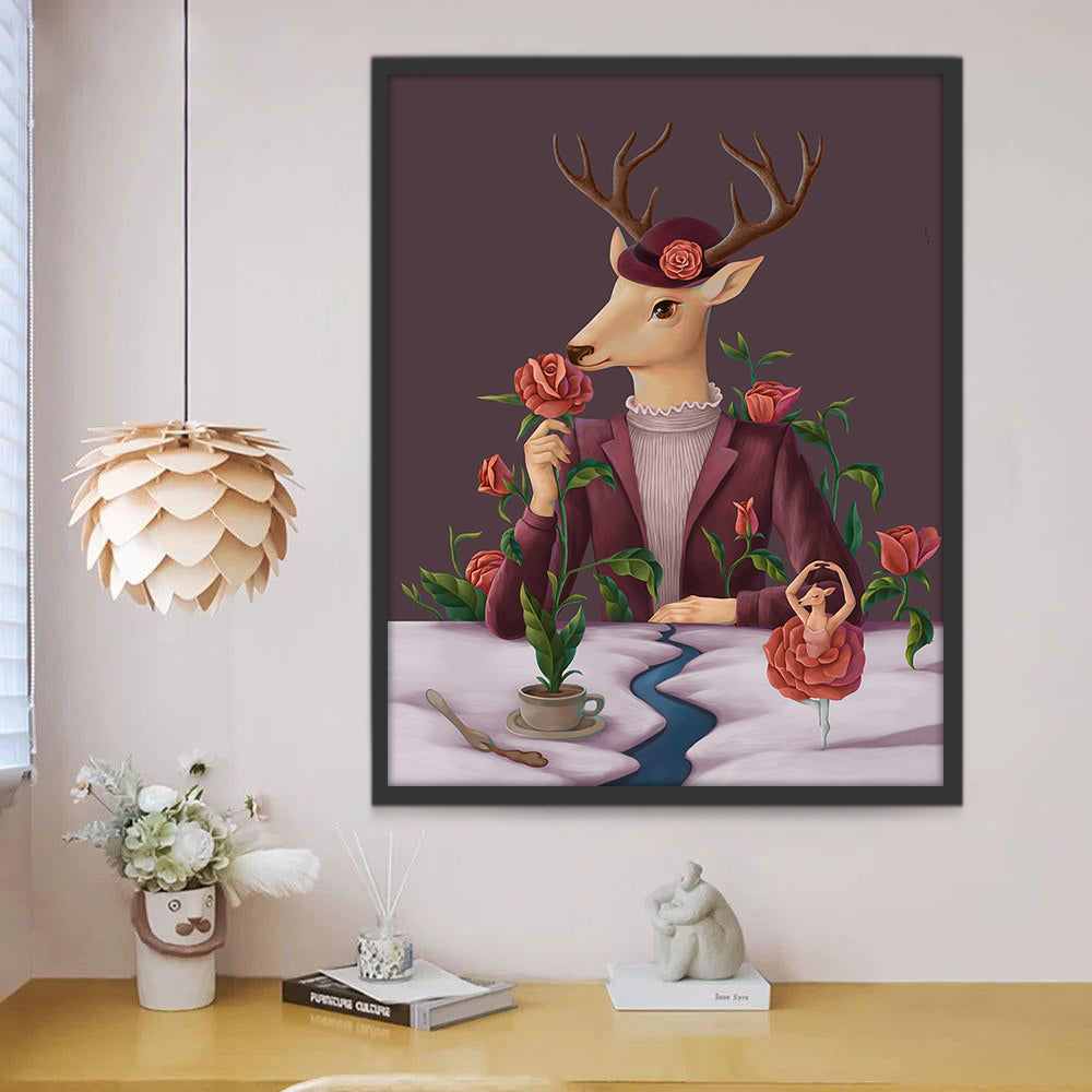 Fleurs Roses et Cerf Noble Peinture par Numéros