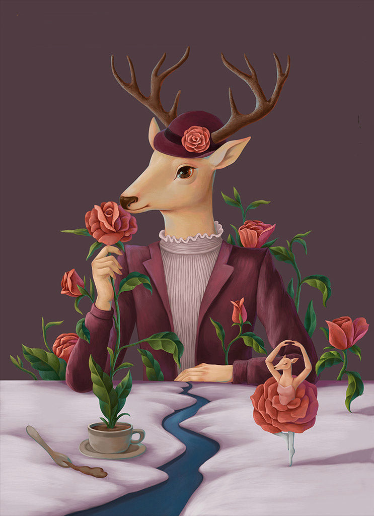Fleurs Roses et Cerf Noble Peinture par Numéros