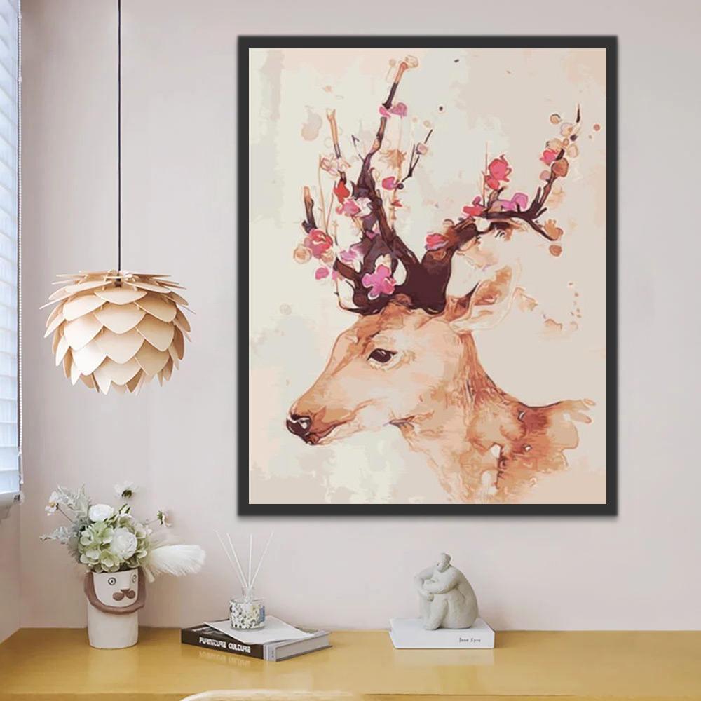Fleurs Roses et Cerf Peinture par Numéros