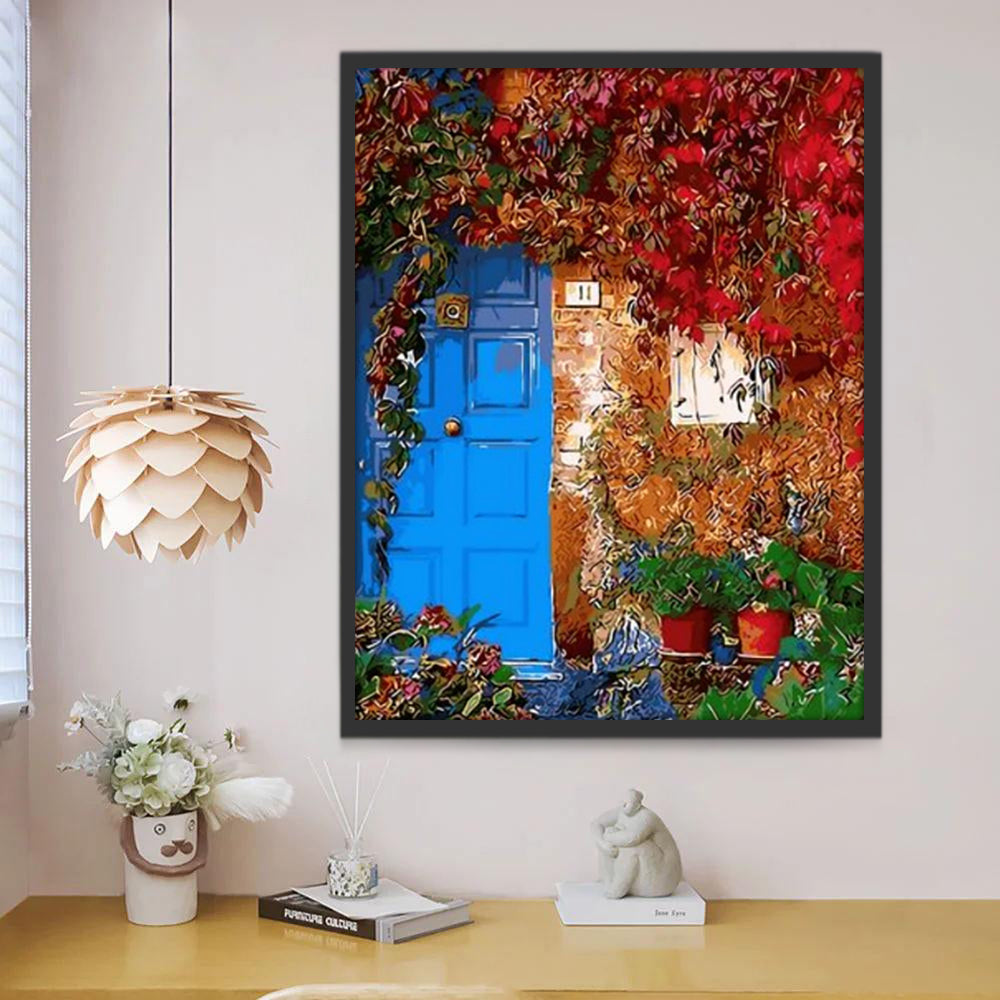 Fleurs Rouges et Porte Bleue Peinture par Numéros