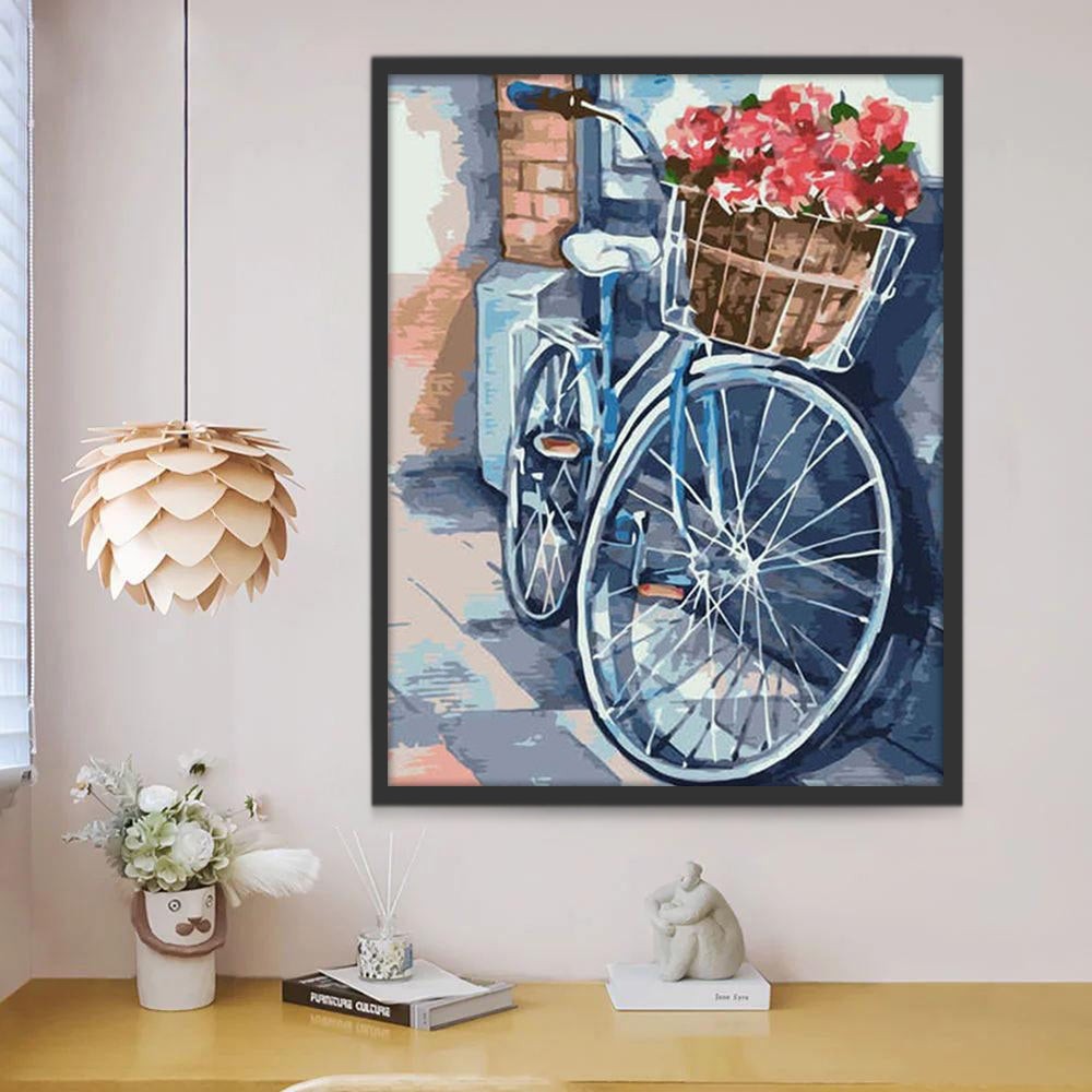 Fleurs Rouges et Vélo Bleu Peinture par Numéros