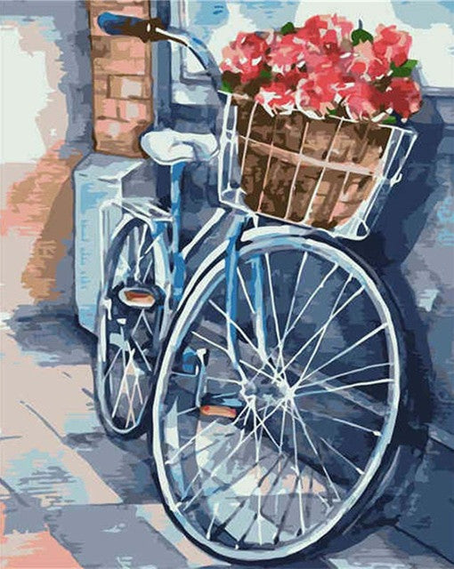 Fleurs Rouges et Vélo Bleu Peinture par Numéros
