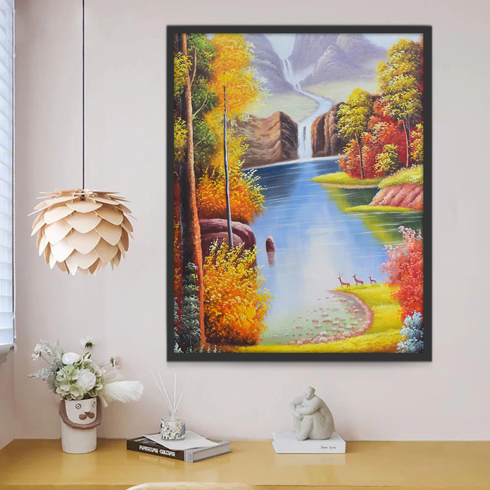 Forêt, Lac et Cascade en Automne Peinture par Numéros