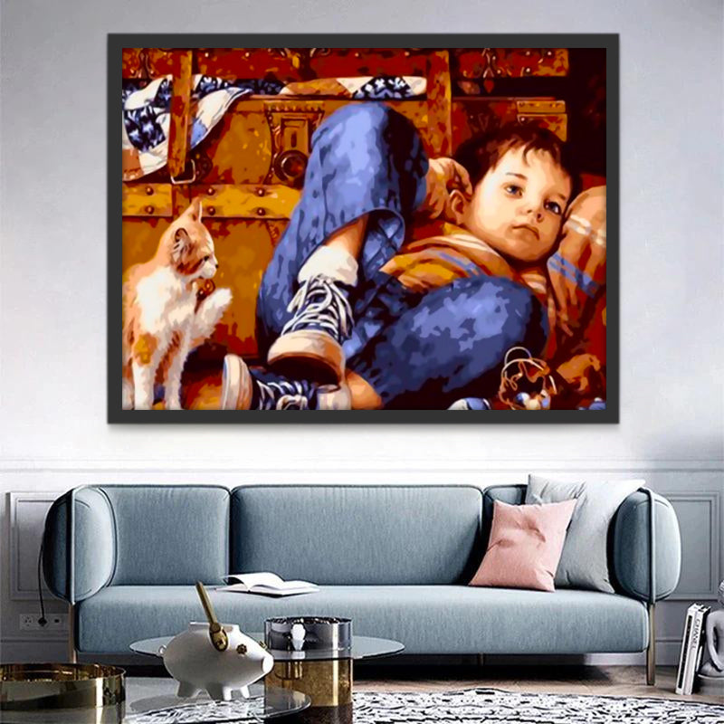 Garçon et Chaton Peinture par Numéros