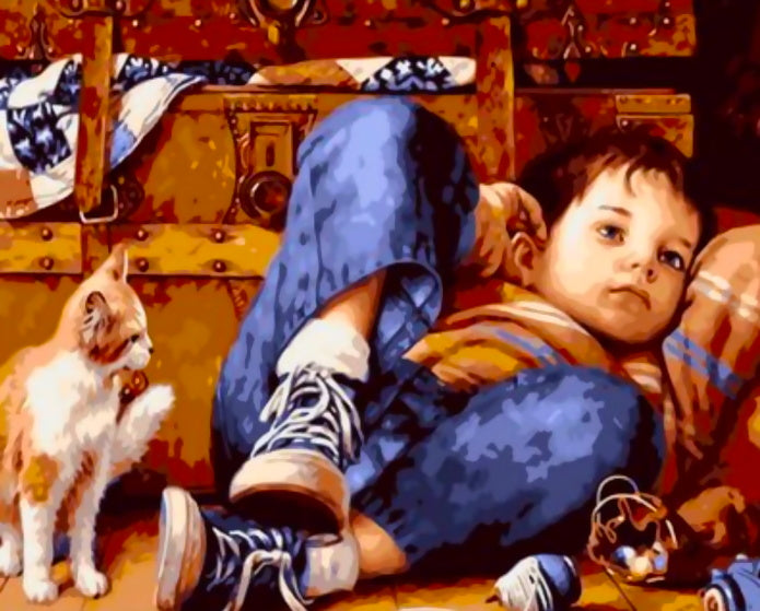 Garçon et Chaton Peinture par Numéros