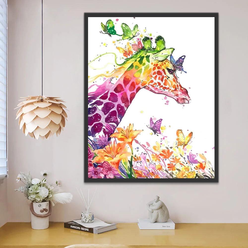 Girafe Colorée et Papillons Peinture par Numéros