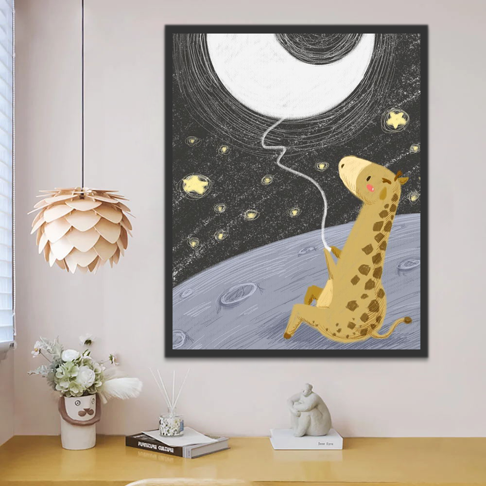 Girafe Jouant au Cerf-Volant Lune Cartoon Enfants Peinture par Numéros