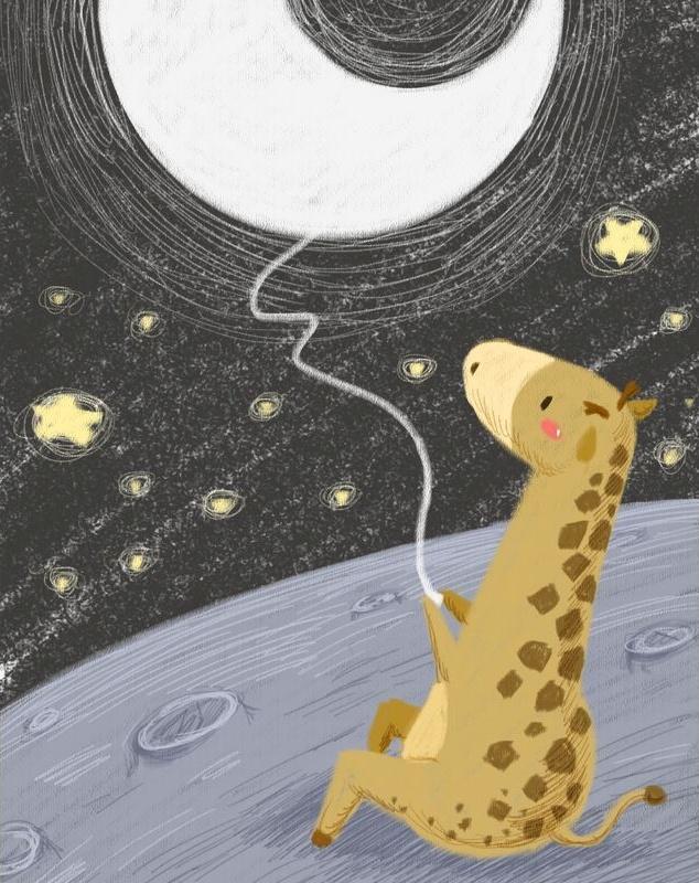 Girafe Jouant au Cerf-Volant Lune Cartoon Enfants Peinture par Numéros