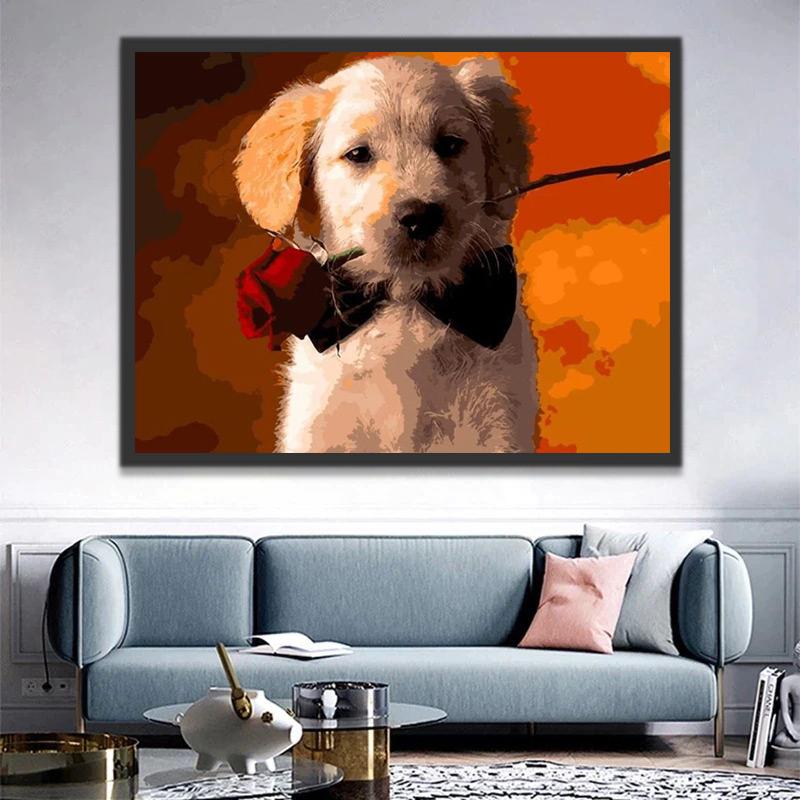 Golden Retriever avec une Rose Rouge Peinture par Numéros