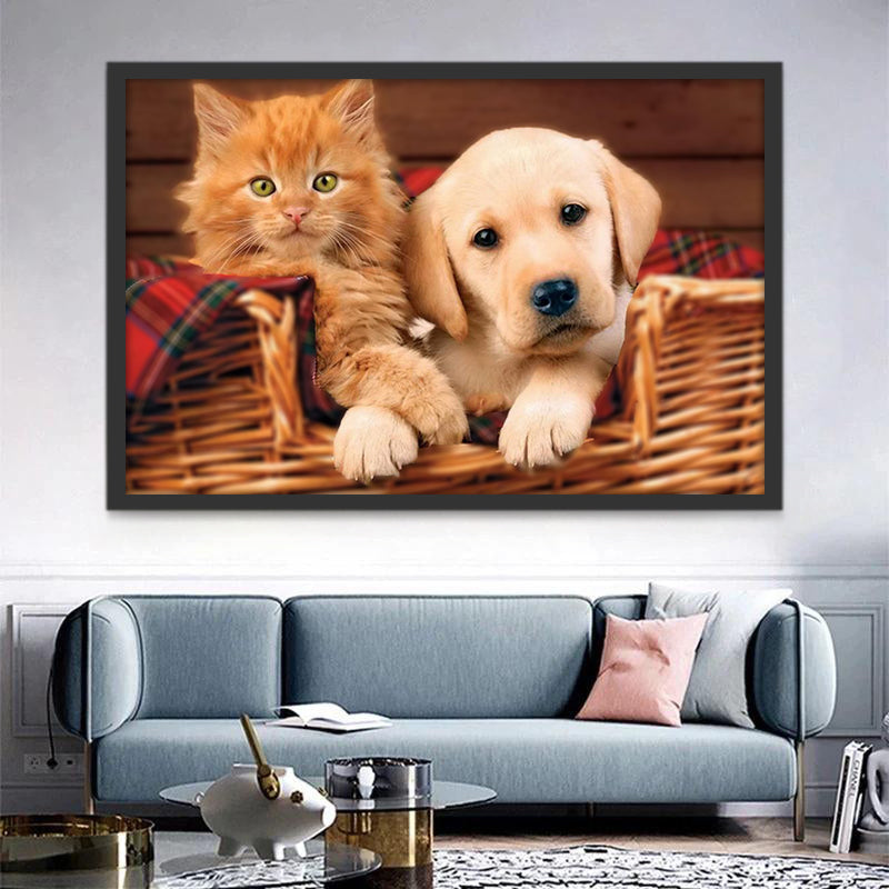Golden Retriever et Chaton Roux dans le Panier Peinture par Numéros
