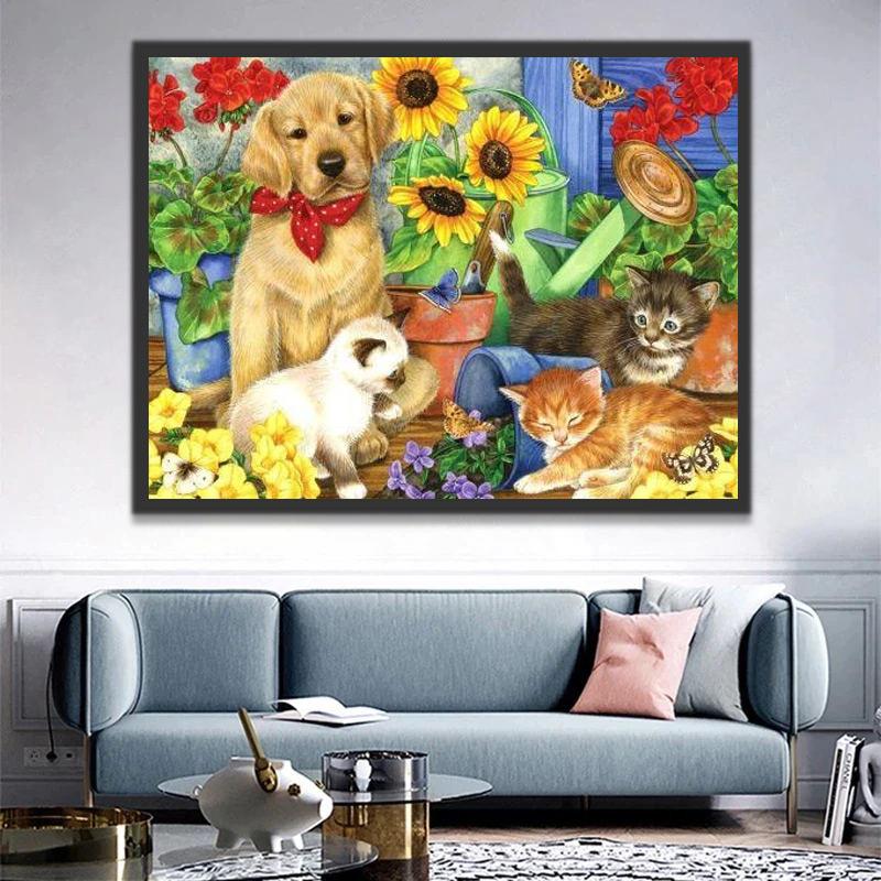 Golden Retriever et Chatons avec des Fleurs Peinture par Numéros