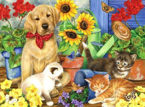 Golden Retriever et Chatons avec des Fleurs Peinture par Numéros