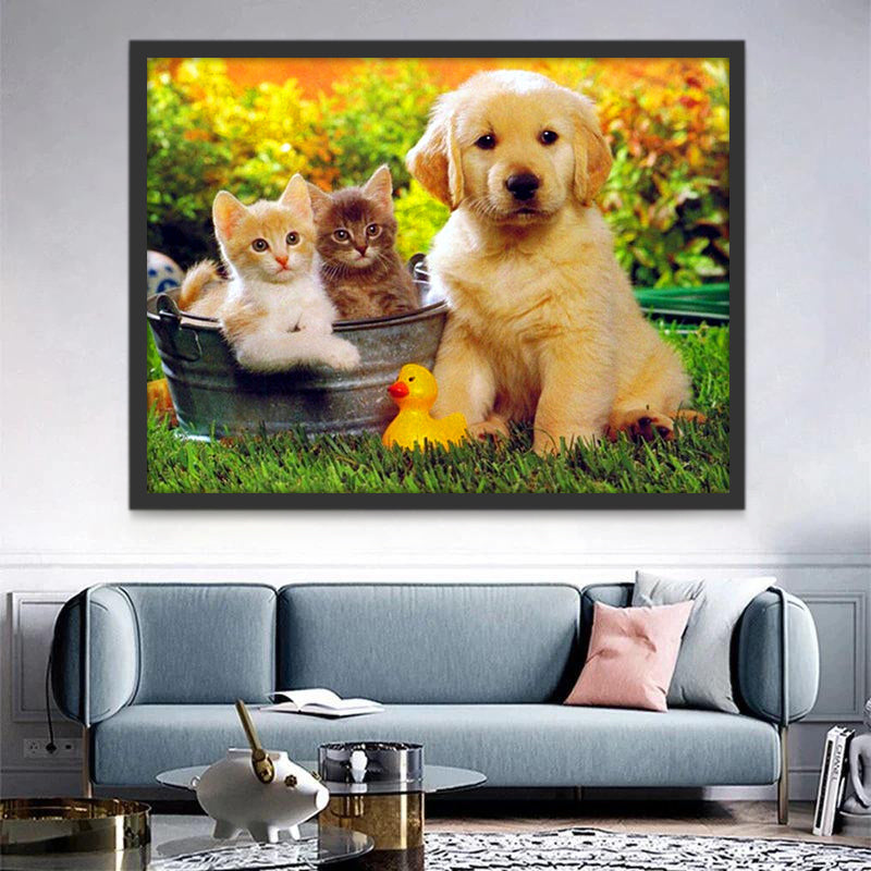 Golden Retriever et Deux Petits Chatons Peinture par Numéros