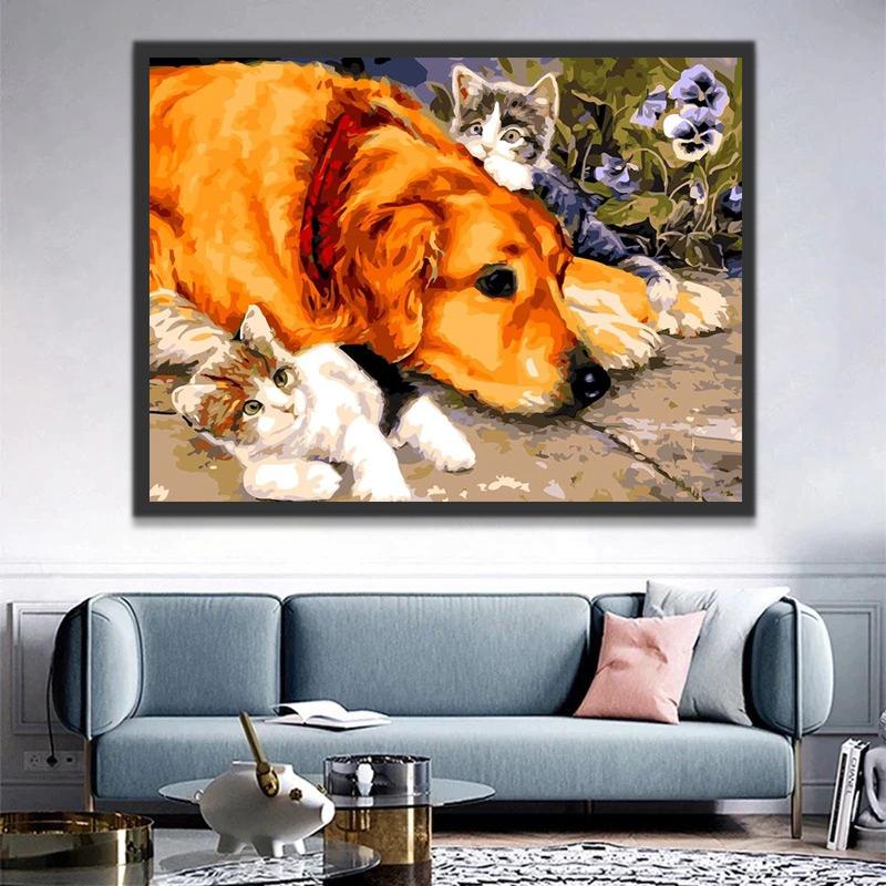 Grand Chien et Deux Petits Chatons Peinture par Numéros