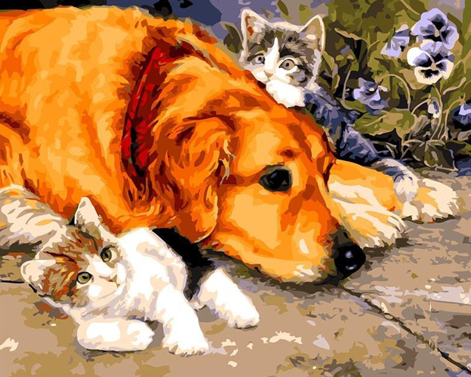 Grand Chien et Deux Petits Chatons Peinture par Numéros