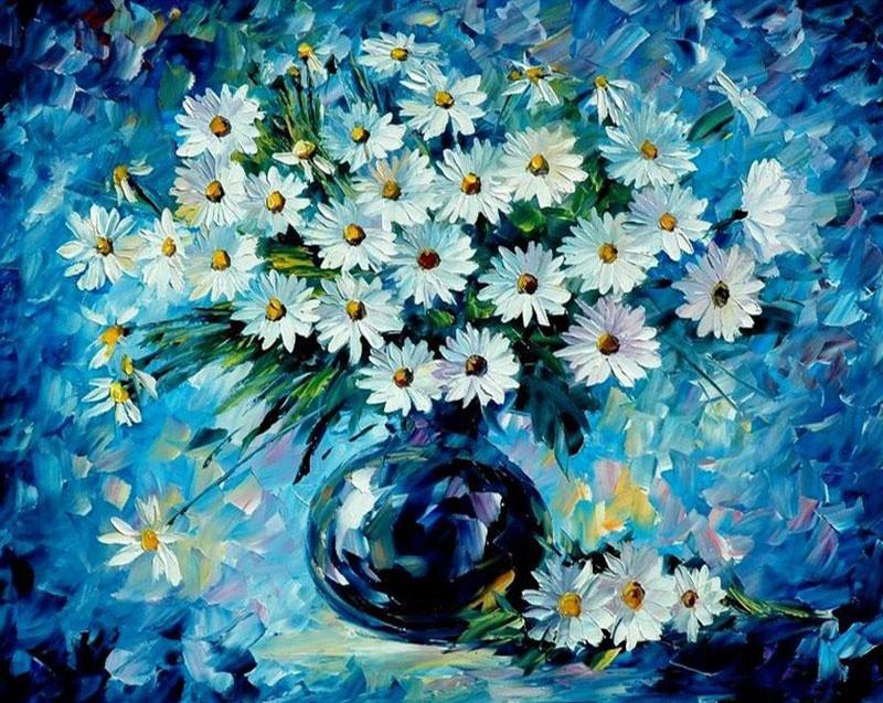 Grandes Marguerites dans le Vase Bleu Peinture par Numéros