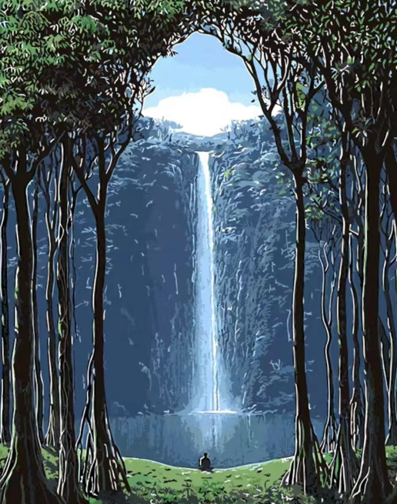 Grotte d'Arbres et Chute Peinture par Numéros