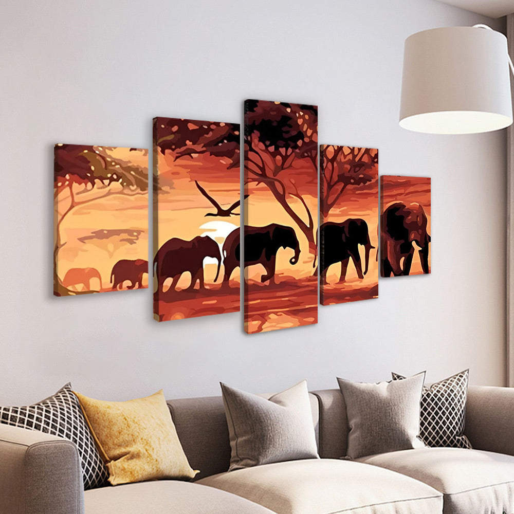 Harde d'Éléphants 5 Partie Peinture par Numéros