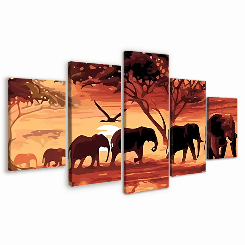 Harde d'Éléphants 5 Partie Peinture par Numéros