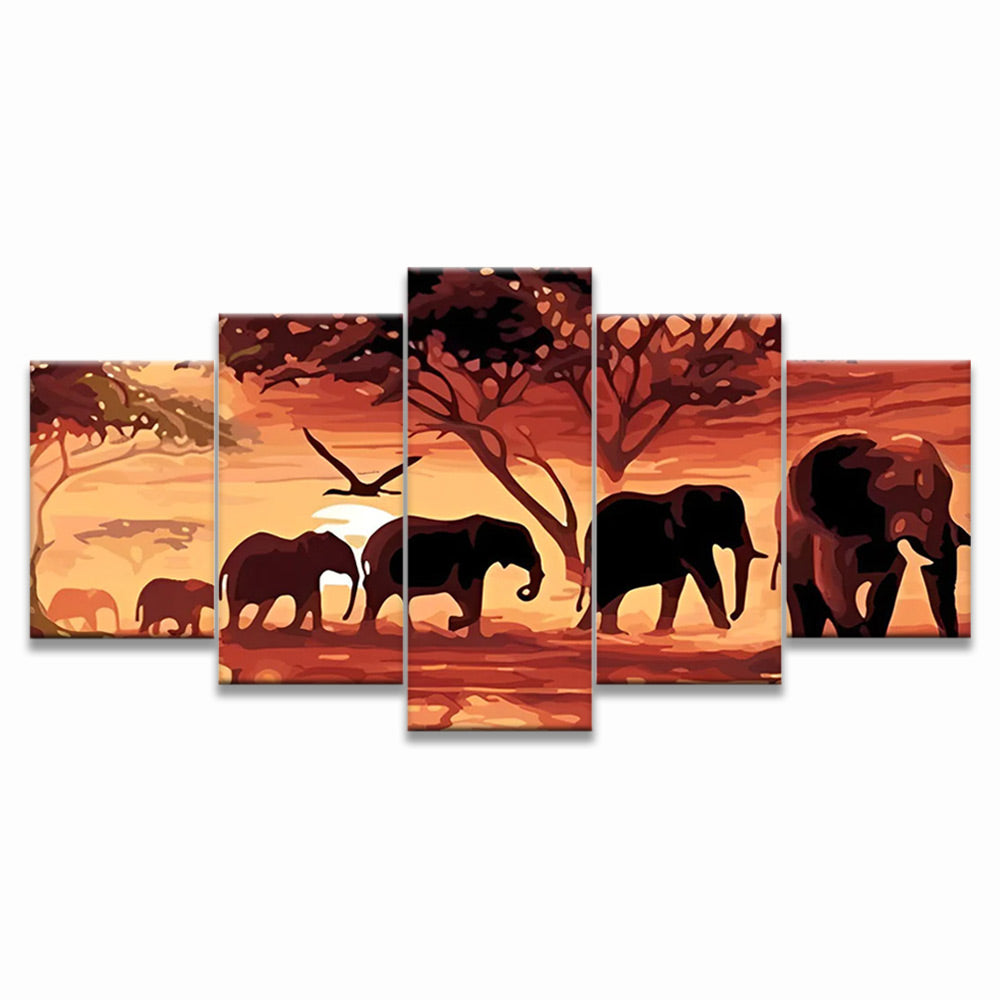 Harde d'Éléphants 5 Partie Peinture par Numéros