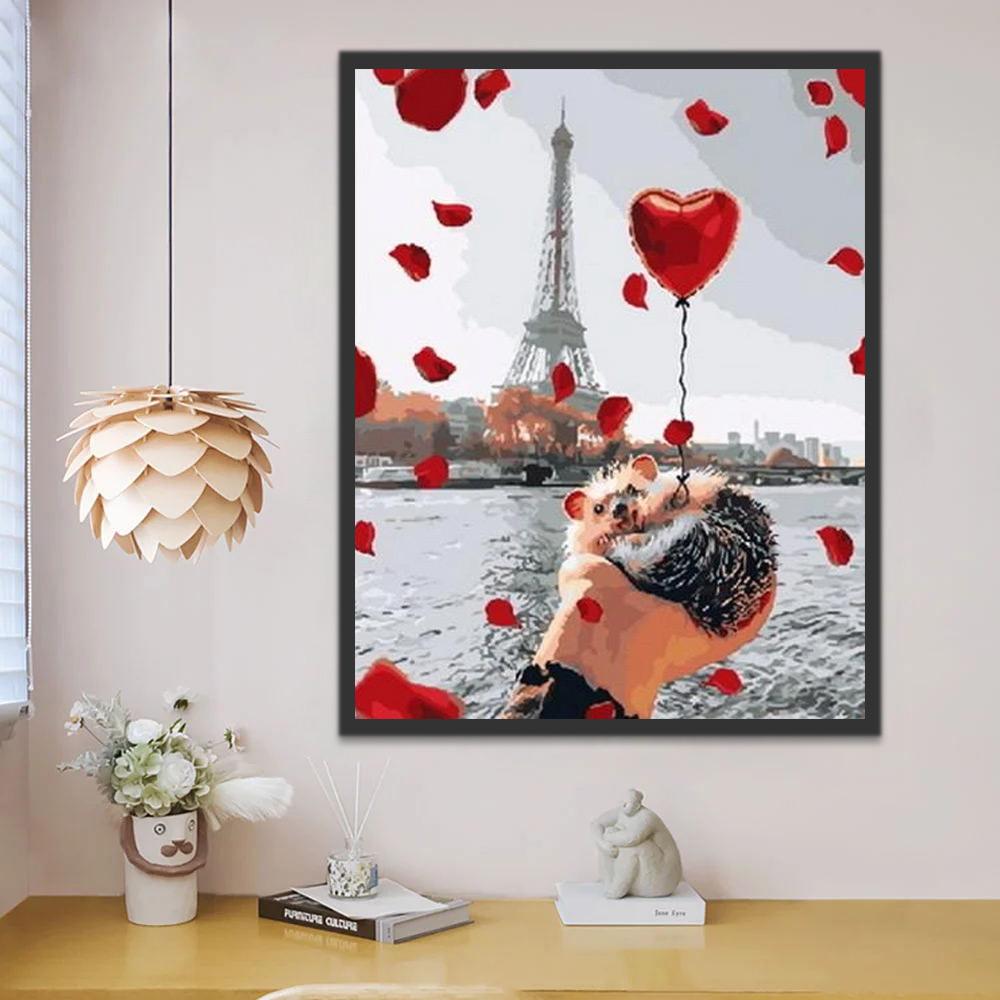 Hérisson et Ballons Rouges Coeur à Paris Peinture par Numéros
