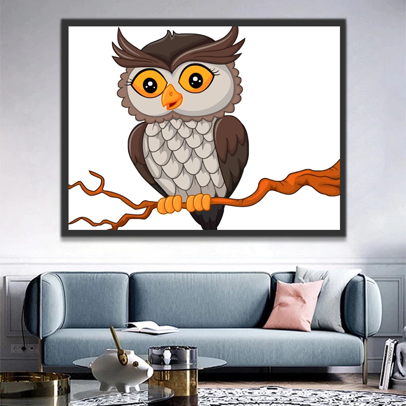 Hibou aux Yeux Oranges sur la Branche Cartoon Enfants Peinture par Numéros