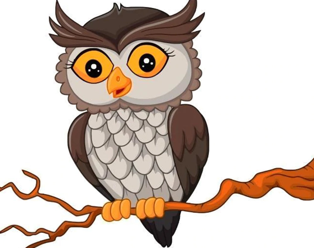 Hibou aux Yeux Oranges sur la Branche Cartoon Enfants Peinture par Numéros