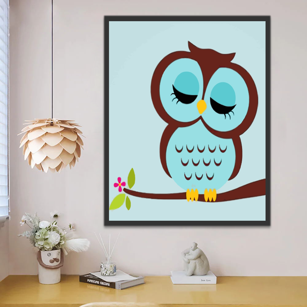Hibou Bleu Cartoon Enfants Peinture par Numéros