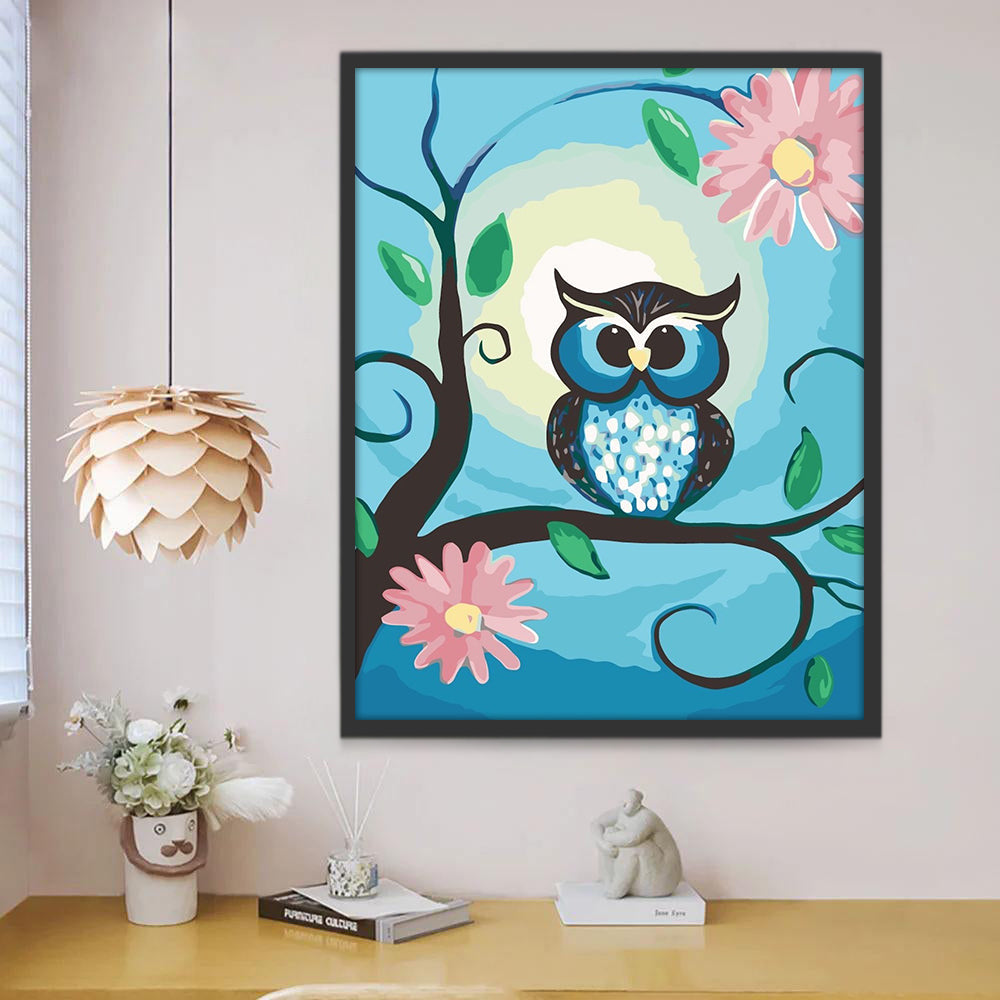 Hibou Bleu et Fleurs Roses Cartoon Peinture par Numéros