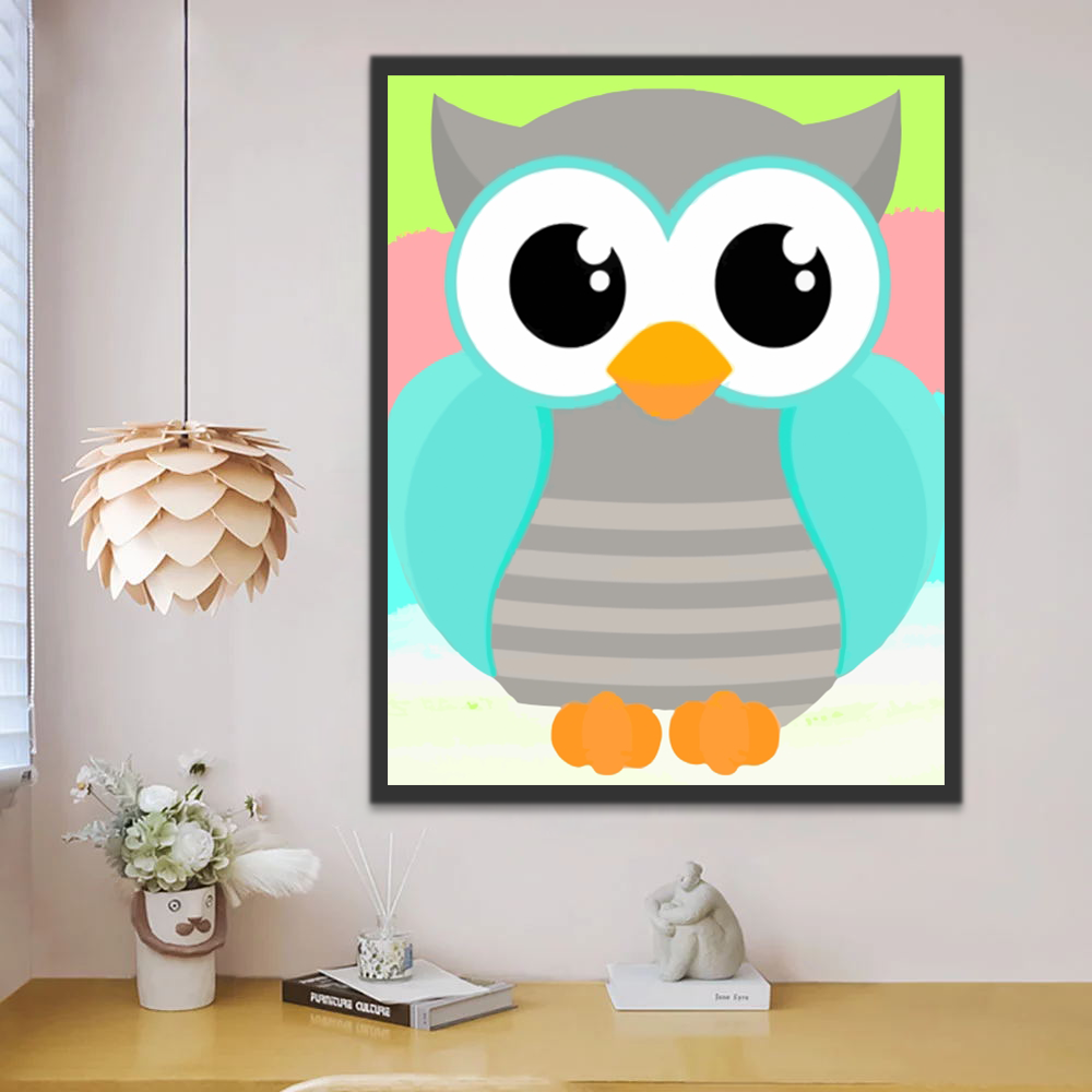 Hibou Gris et Bleu Cartoon Enfants Peinture par Numéros