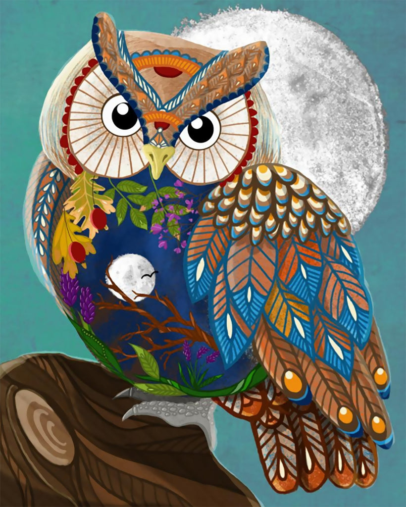 Hibou Multicolore et la Lune Peinture par Numéros
