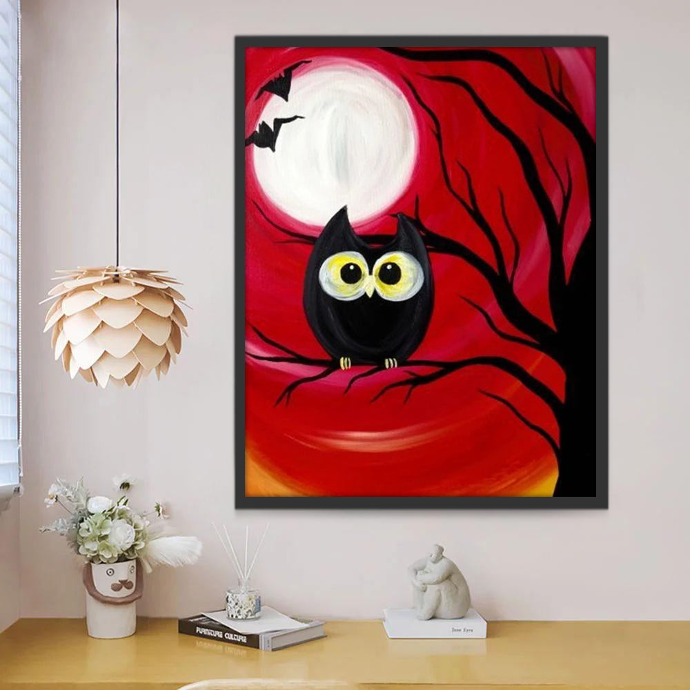 Hibou Noir Cartoon sur un Arbre Mort Peinture par Numéros