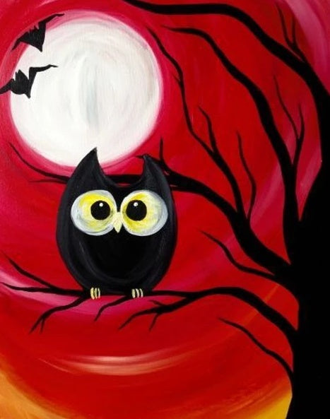 Hibou Noir Cartoon sur un Arbre Mort Peinture par Numéros