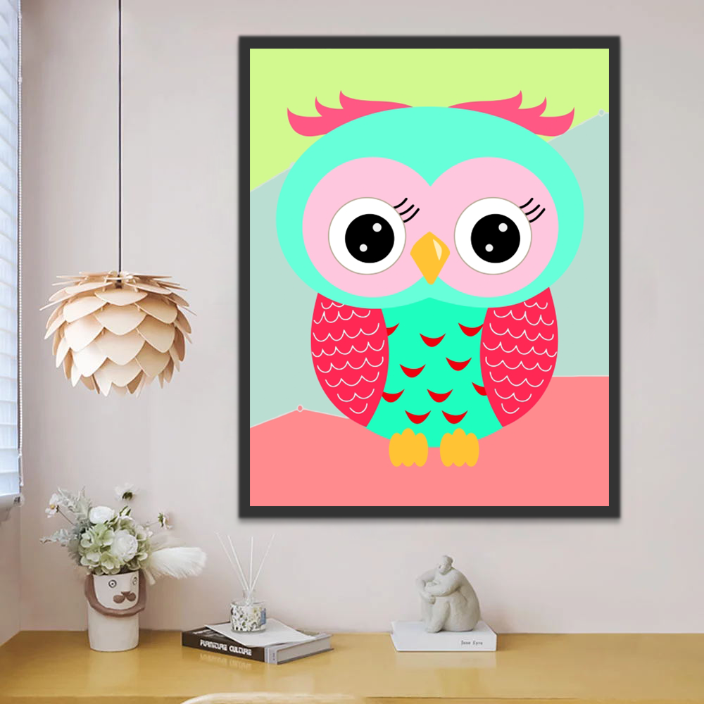 Hibou Vert et Rose Cartoon Enfants Peinture par Numéros