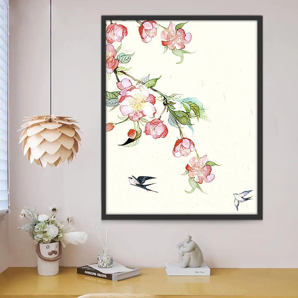 Hirondelles et Fleurs Roses Peinture par Numéros