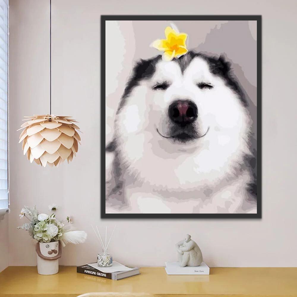 Husky avec une Fleur Jaune Peinture par Numéros