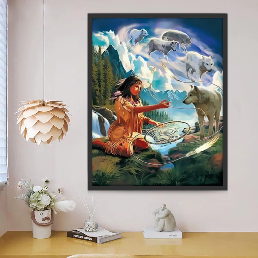 Jeune Fille Capteur de Rêves et Loup Peinture par Numéros