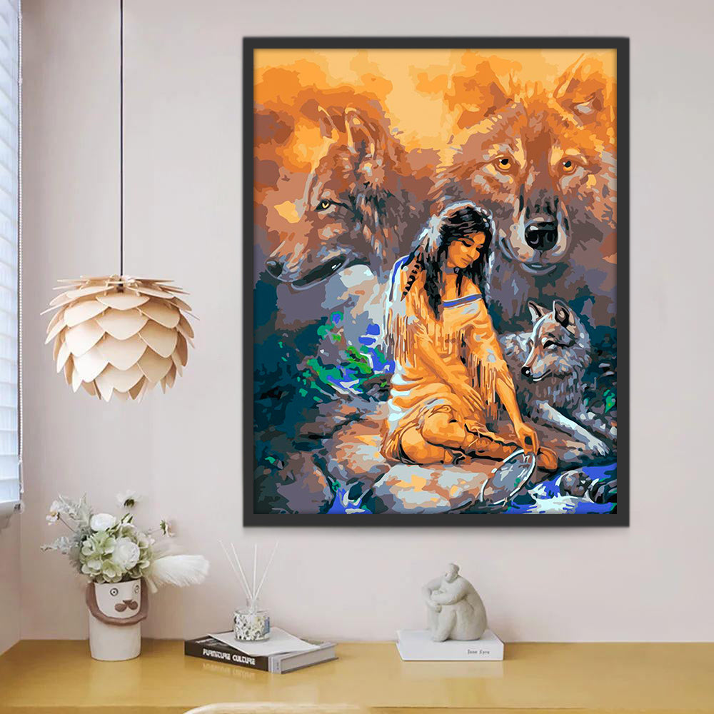 Jeune Fille et Loup au Bord de la Rivière Peinture par Numéros