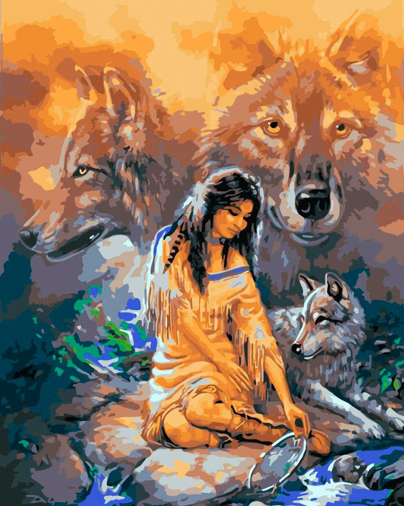 Jeune Fille et Loup au Bord de la Rivière Peinture par Numéros