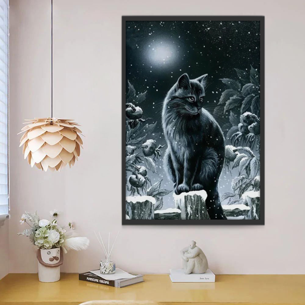 Joli Chat Noir dans la Nuit de Neige Peinture par Numéros