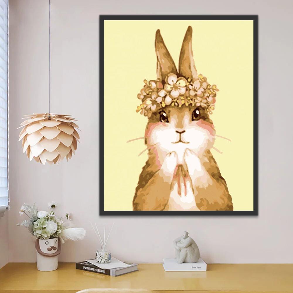 Joli Lapin Marron avec une Couronne de Fleurs Blanches Peinture par Numéros