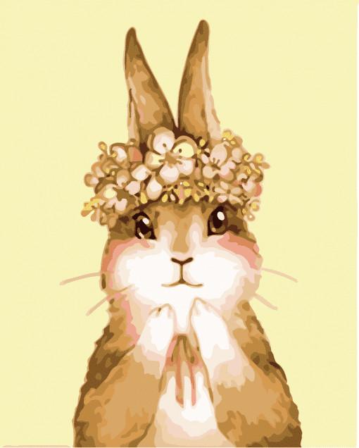 Joli Lapin Marron avec une Couronne de Fleurs Blanches Peinture par Numéros