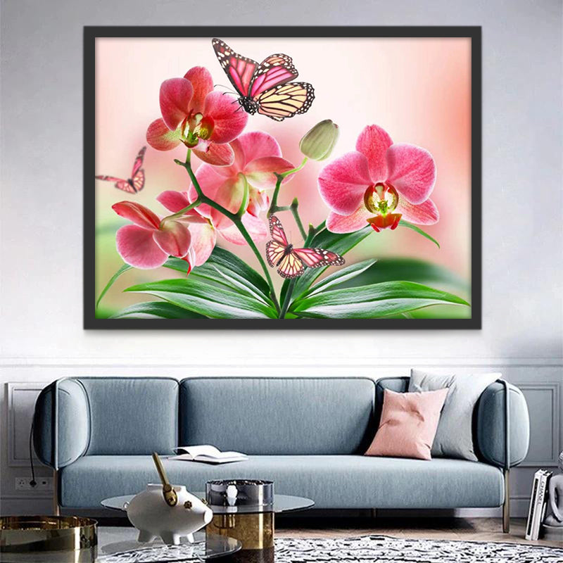 L'orchidées Roses et Papillons Peinture par Numéros
