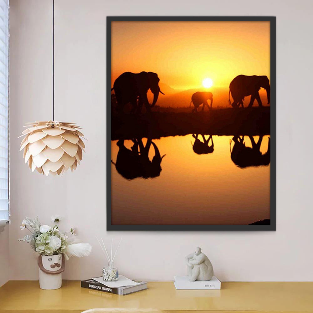 La Famille d'Éléphant et Soleil Couchant Peinture par Numéros