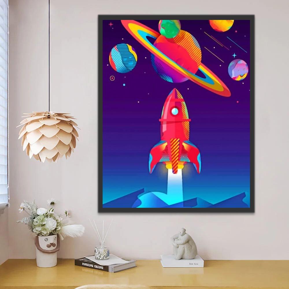 La fusée et Saturne Cartoon Peinture par Numéros