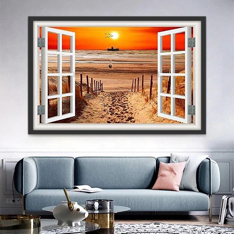 La plage à l'Extérieur de la Fenêtre et Ciel Roux Peinture par Numéros