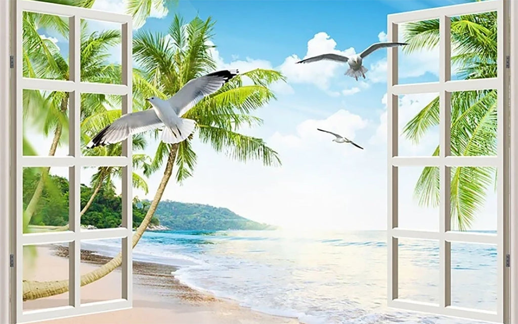 La plage à l'Extérieur de la Fenêtre et Mouettes Peinture par Numéros